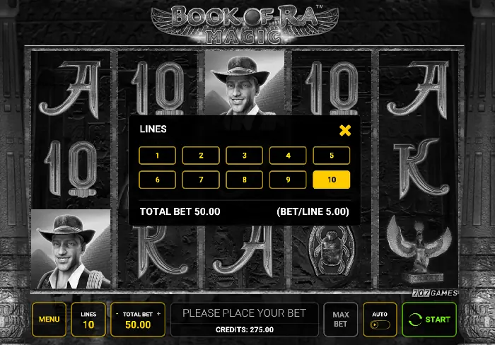 Ecran mobil Book of Ra Magic pentru alegerea liniilor de plată